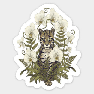 Ocelot with Pale Orchids and Ferns Sticker
