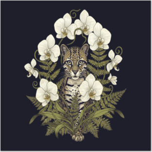 Ocelot with Pale Orchids and Ferns Posters and Art