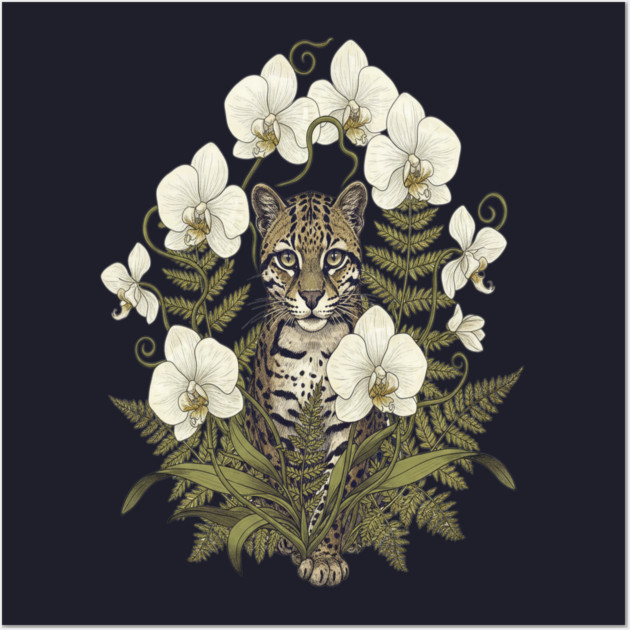 Ocelot with Pale Orchids and Ferns Wall Art by BirdsnStuff