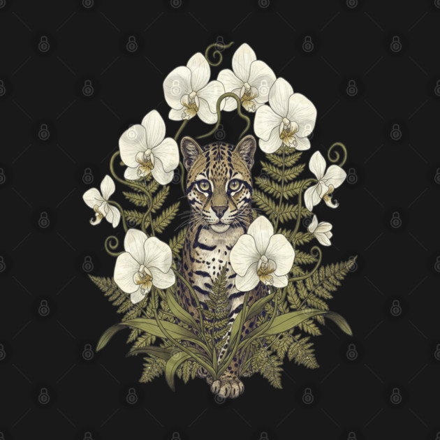 Ocelot with Pale Orchids and Ferns by BirdsnStuff