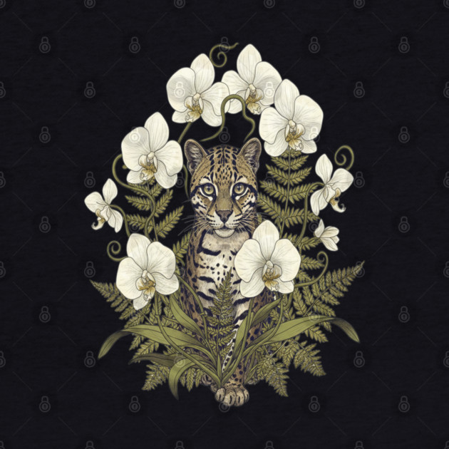 Ocelot with Pale Orchids and Ferns by BirdsnStuff