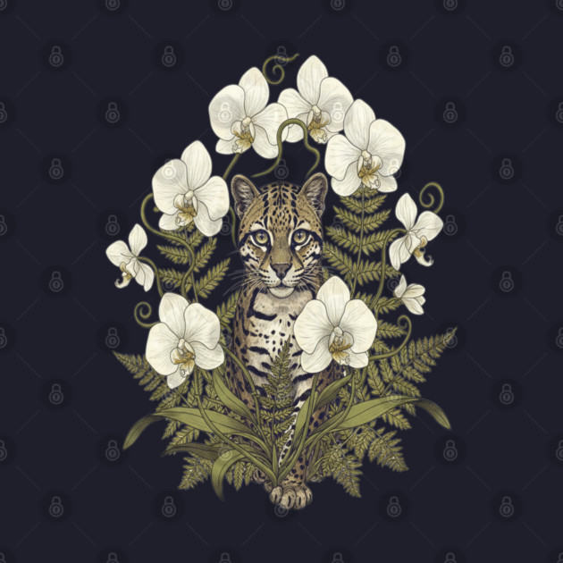 Ocelot with Pale Orchids and Ferns by BirdsnStuff
