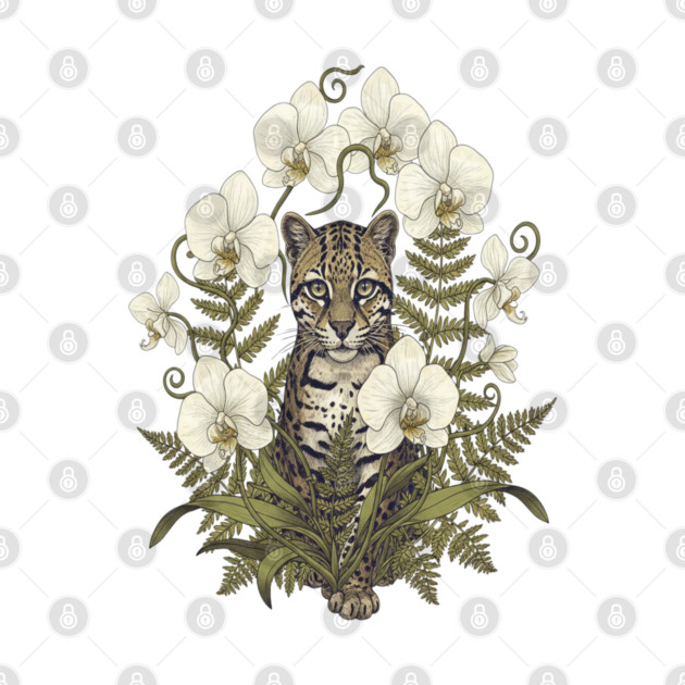 Ocelot with Pale Orchids and Ferns by BirdsnStuff