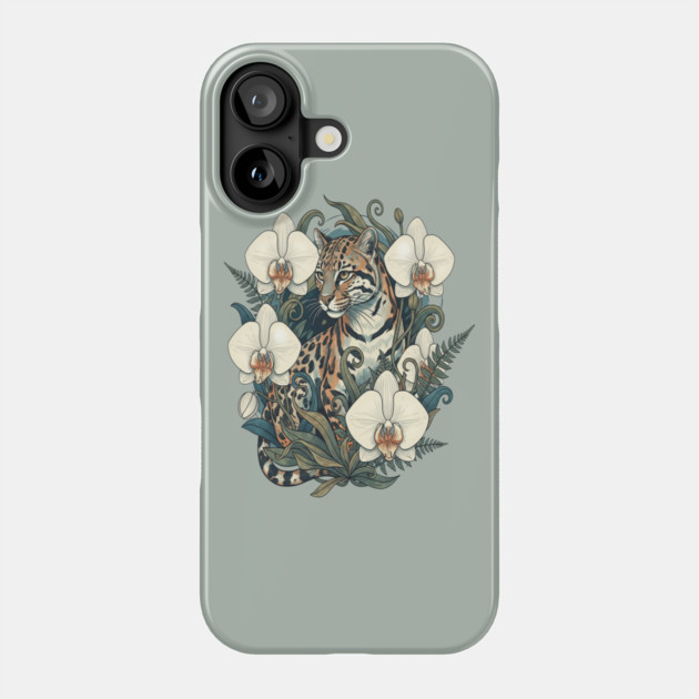 Ocelot with Orchid Blooms and Ferns Phone Case by BirdsnStuff
