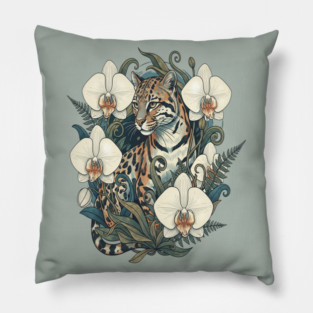 Ocelot with Orchid Blooms and Ferns Pillow