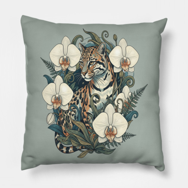 Ocelot with Orchid Blooms and Ferns Pillow by BirdsnStuff