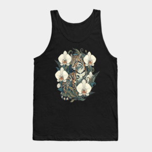 Ocelot with Orchid Blooms and Ferns Tank Top