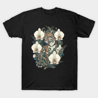 Ocelot with Orchid Blooms and Ferns T-Shirt