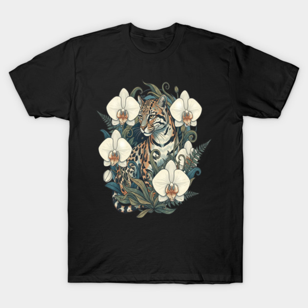 Ocelot with Orchid Blooms and Ferns T-Shirt by BirdsnStuff