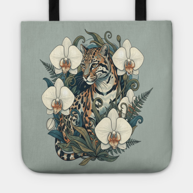 Ocelot with Orchid Blooms and Ferns Tote by BirdsnStuff