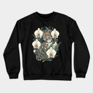 Ocelot with Orchid Blooms and Ferns Crewneck Sweatshirt