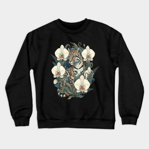 Ocelot with Orchid Blooms and Ferns Crewneck Sweatshirt by BirdsnStuff