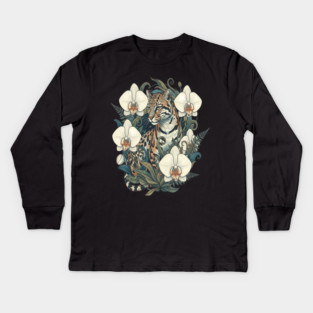 Ocelot with Orchid Blooms and Ferns Kids Long Sleeve T-Shirt