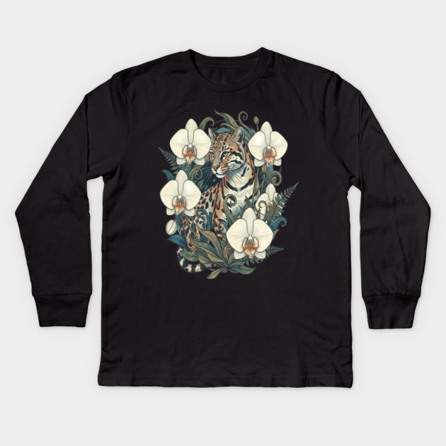Ocelot with Orchid Blooms and Ferns Kids Long Sleeve T-Shirt by BirdsnStuff