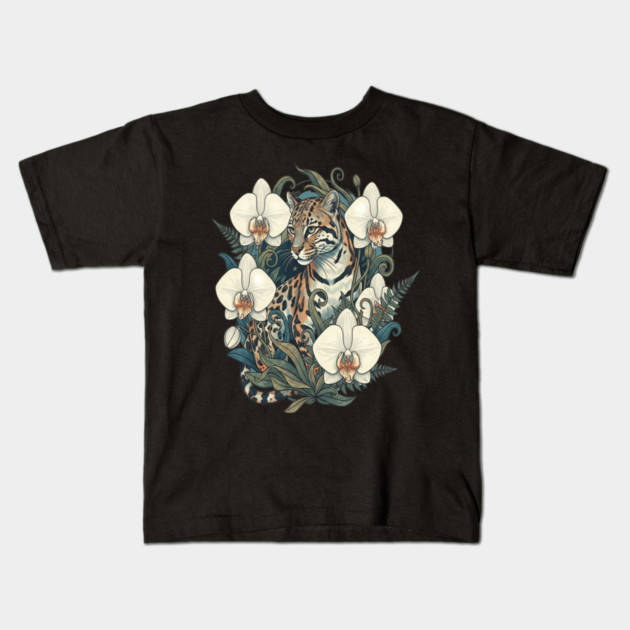 Ocelot with Orchid Blooms and Ferns Kids T-Shirt by BirdsnStuff