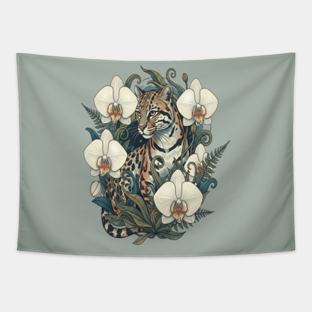 Ocelot with Orchid Blooms and Ferns Tapestry by BirdsnStuff