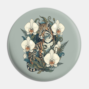 Ocelot with Orchid Blooms and Ferns Pin