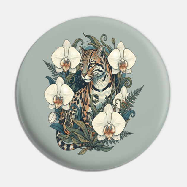 Ocelot with Orchid Blooms and Ferns Pin by BirdsnStuff