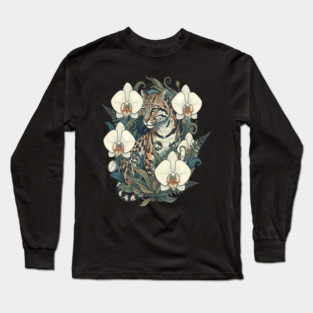 Ocelot with Orchid Blooms and Ferns Long Sleeve T-Shirt