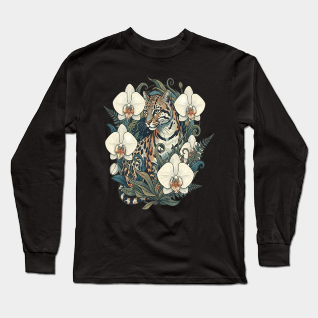 Ocelot with Orchid Blooms and Ferns Long Sleeve T-Shirt by BirdsnStuff
