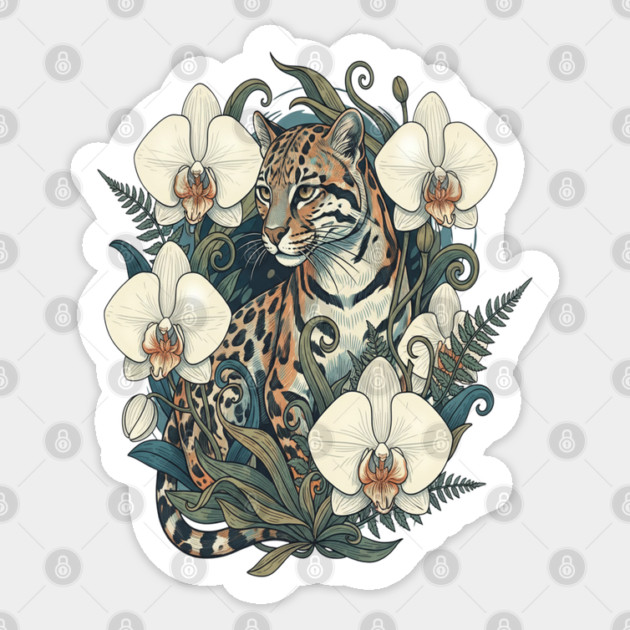 Ocelot with Orchid Blooms and Ferns Sticker by BirdsnStuff