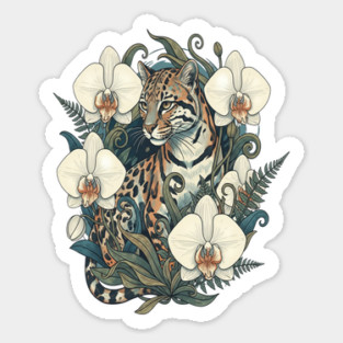 Ocelot with Orchid Blooms and Ferns Magnet