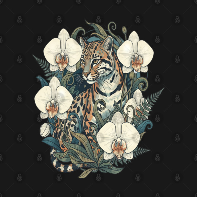 Ocelot with Orchid Blooms and Ferns by BirdsnStuff