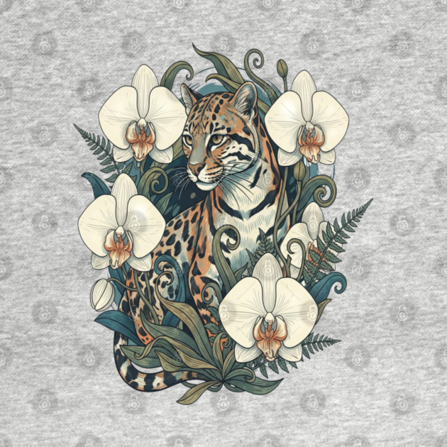 Ocelot with Orchid Blooms and Ferns by BirdsnStuff