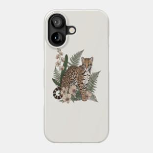 Ocelot with Orchid Blooms and Fern Leaves Phone Case