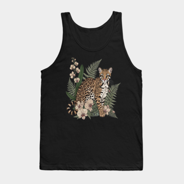 Ocelot with Orchid Blooms and Fern Leaves Tank Top by BirdsnStuff