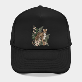 Ocelot with Orchid Blooms and Fern Leaves Hat