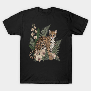 Ocelot with Orchid Blooms and Fern Leaves T-Shirt