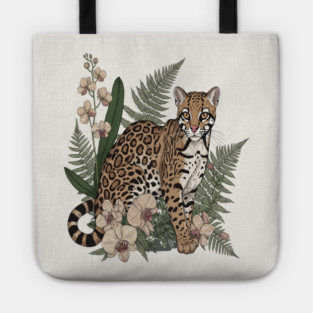 Ocelot with Orchid Blooms and Fern Leaves Tote