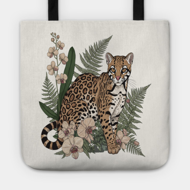 Ocelot with Orchid Blooms and Fern Leaves Tote by BirdsnStuff