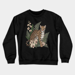 Ocelot with Orchid Blooms and Fern Leaves Crewneck Sweatshirt
