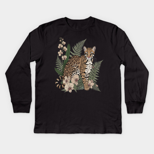 Ocelot with Orchid Blooms and Fern Leaves Kids Long Sleeve T-Shirt by BirdsnStuff