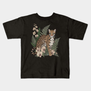 Ocelot with Orchid Blooms and Fern Leaves Kids T-Shirt