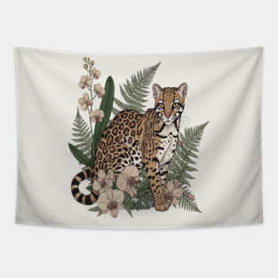 Ocelot with Orchid Blooms and Fern Leaves Tapestry