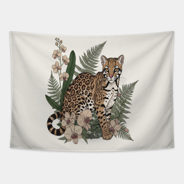 Ocelot with Orchid Blooms and Fern Leaves Tapestry by BirdsnStuff