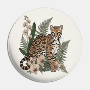 Ocelot with Orchid Blooms and Fern Leaves Pin