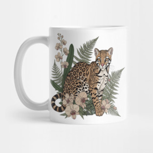 Ocelot with Orchid Blooms and Fern Leaves Mug