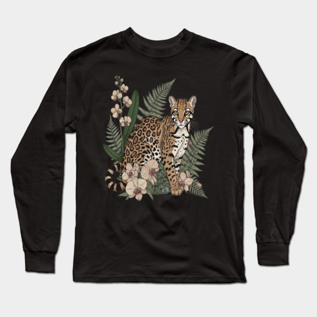 Ocelot with Orchid Blooms and Fern Leaves Long Sleeve T-Shirt by BirdsnStuff