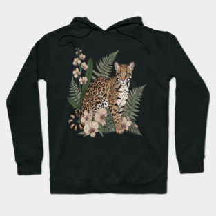 Ocelot with Orchid Blooms and Fern Leaves Hoodie