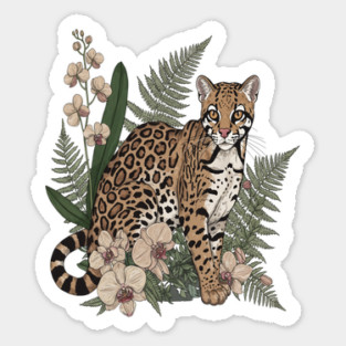 Ocelot with Orchid Blooms and Fern Leaves Magnet