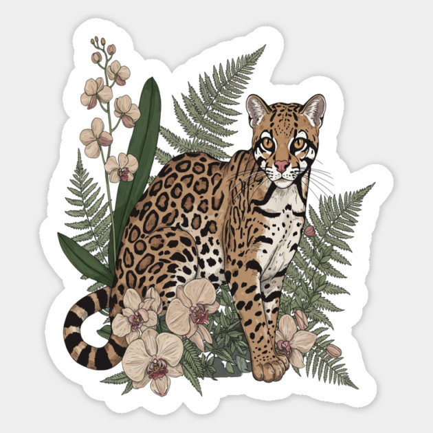 Ocelot with Orchid Blooms and Fern Leaves Magnet by BirdsnStuff