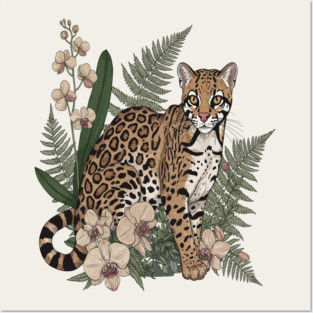 Ocelot with Orchid Blooms and Fern Leaves Posters and Art