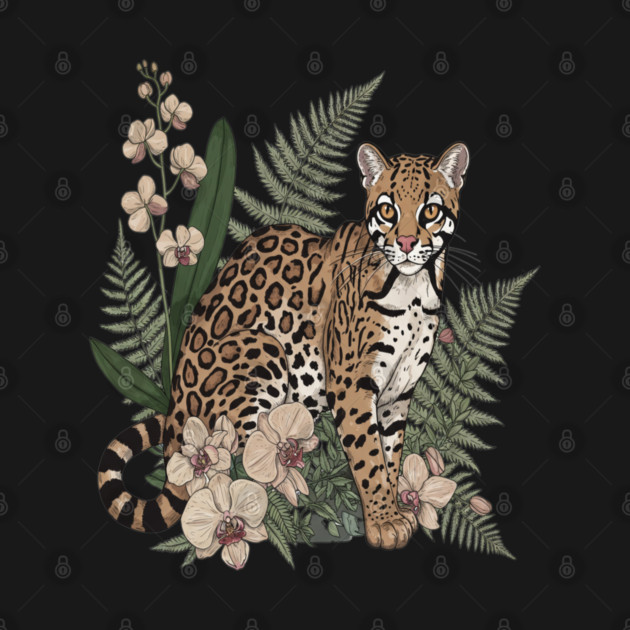 Ocelot with Orchid Blooms and Fern Leaves by BirdsnStuff