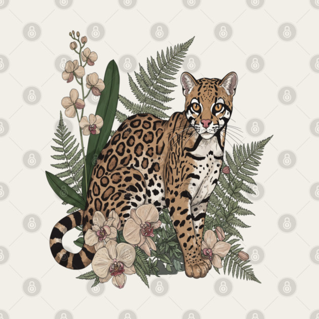 Ocelot with Orchid Blooms and Fern Leaves by BirdsnStuff