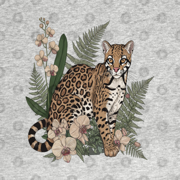 Ocelot with Orchid Blooms and Fern Leaves by BirdsnStuff