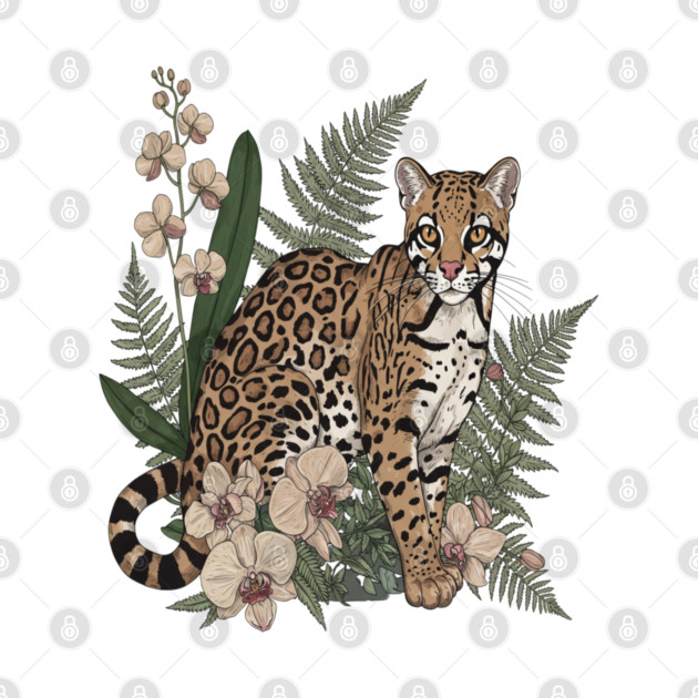 Ocelot with Orchid Blooms and Fern Leaves by BirdsnStuff